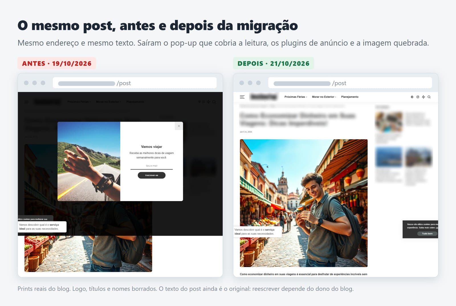 Print real do mesmo post antes e depois da migração: antes, um pop-up de inscrição cobria a leitura; depois, a página abre direto no post, com logo e títulos borrados