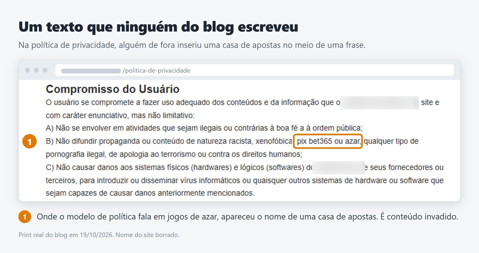 Print real da política de privacidade do blog, com o nome de uma casa de apostas inserido no meio da frase sobre jogos de azar e o nome do blog borrado