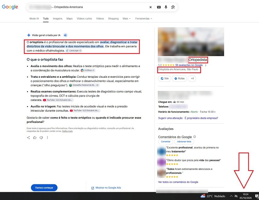 Busca no Google em 05/10/2026: painel do perfil de um ortopedista de Americana com a categoria Ortoptista e a Visão geral de IA explicando o que faz um ortoptista