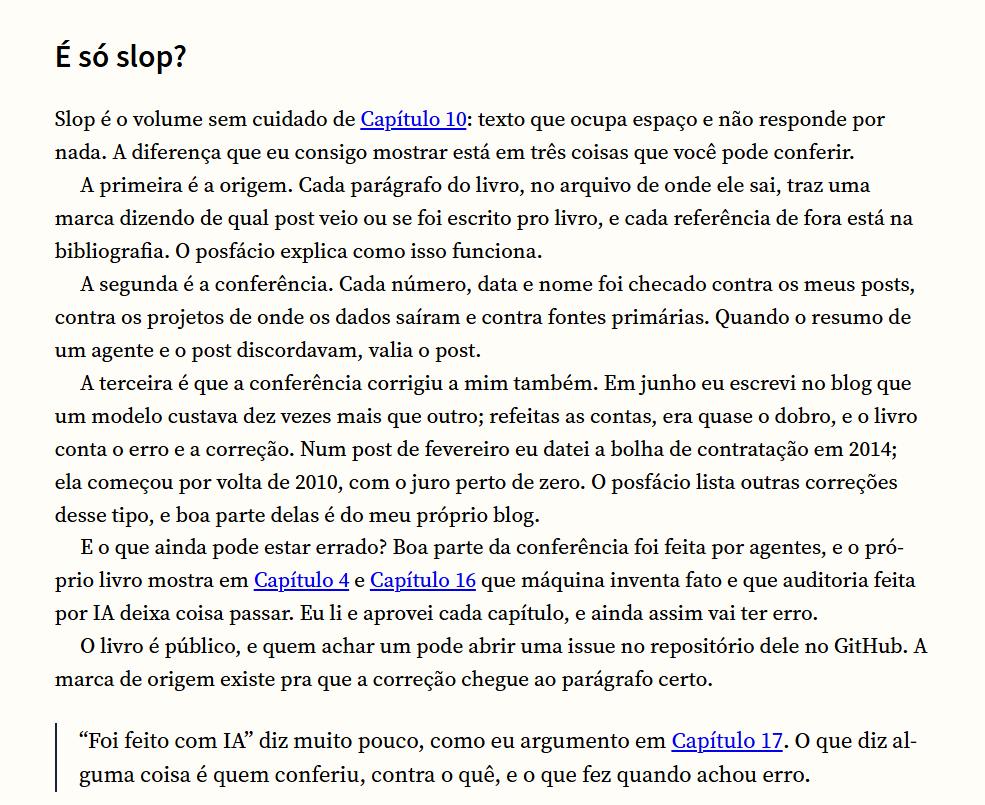 Página do Apêndice A do livro, É só slop?, com a citação sobre quem conferiu, contra o quê e o que fez quando achou erro