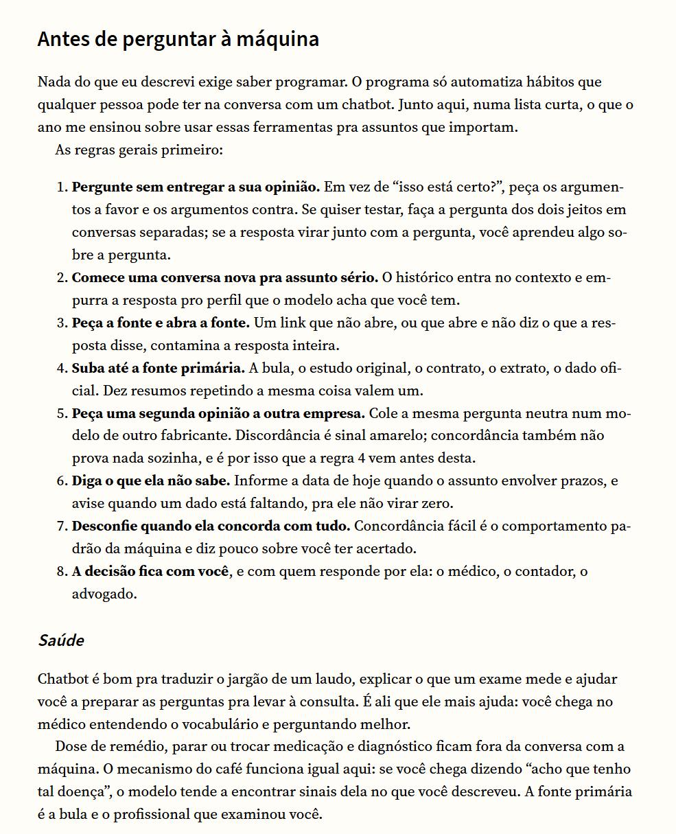 Página do livro com as oito regras de Antes de perguntar à máquina e o trecho sobre saúde