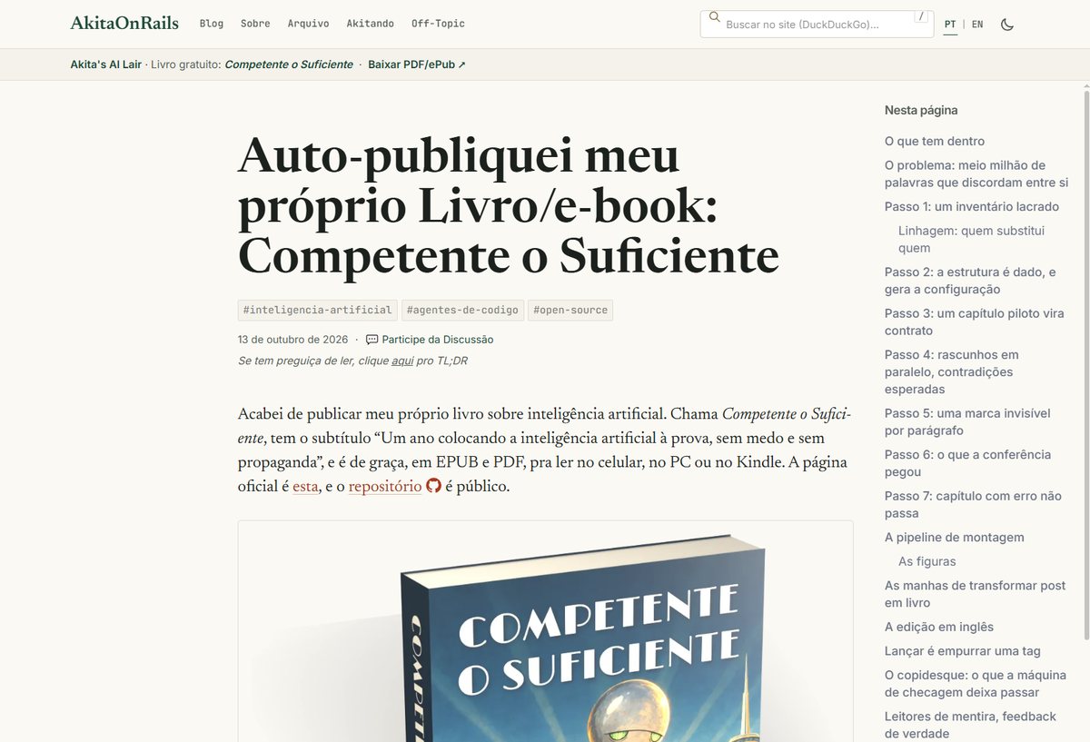Print do post de Fabio Akita de 13 de outubro de 2026 anunciando o livro gratuito Competente o Suficiente em EPUB e PDF
