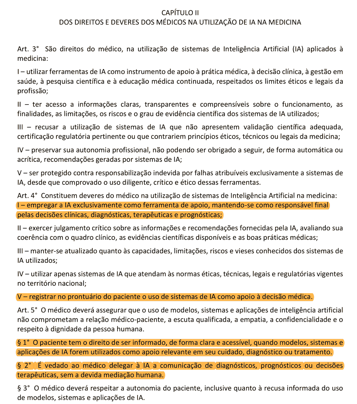 Trecho da Resolução CFM 2.454/2026, artigos 3º a 5º, com destaque nos deveres do médico ao usar inteligência artificial