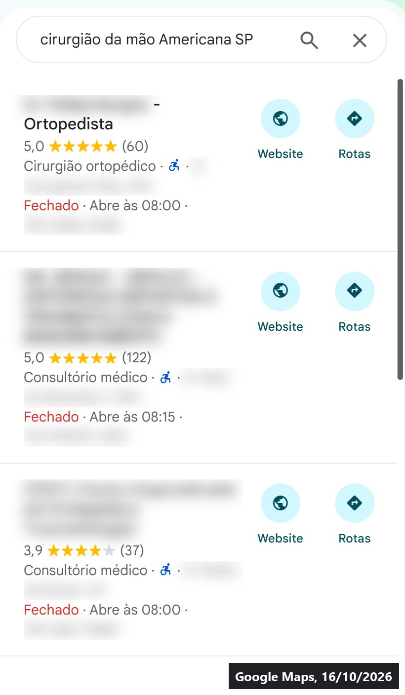 Resultados do Google Maps para cirurgião da mão em Americana SP em 16/10/2026, com nomes, fotos, endereços e telefones borrados